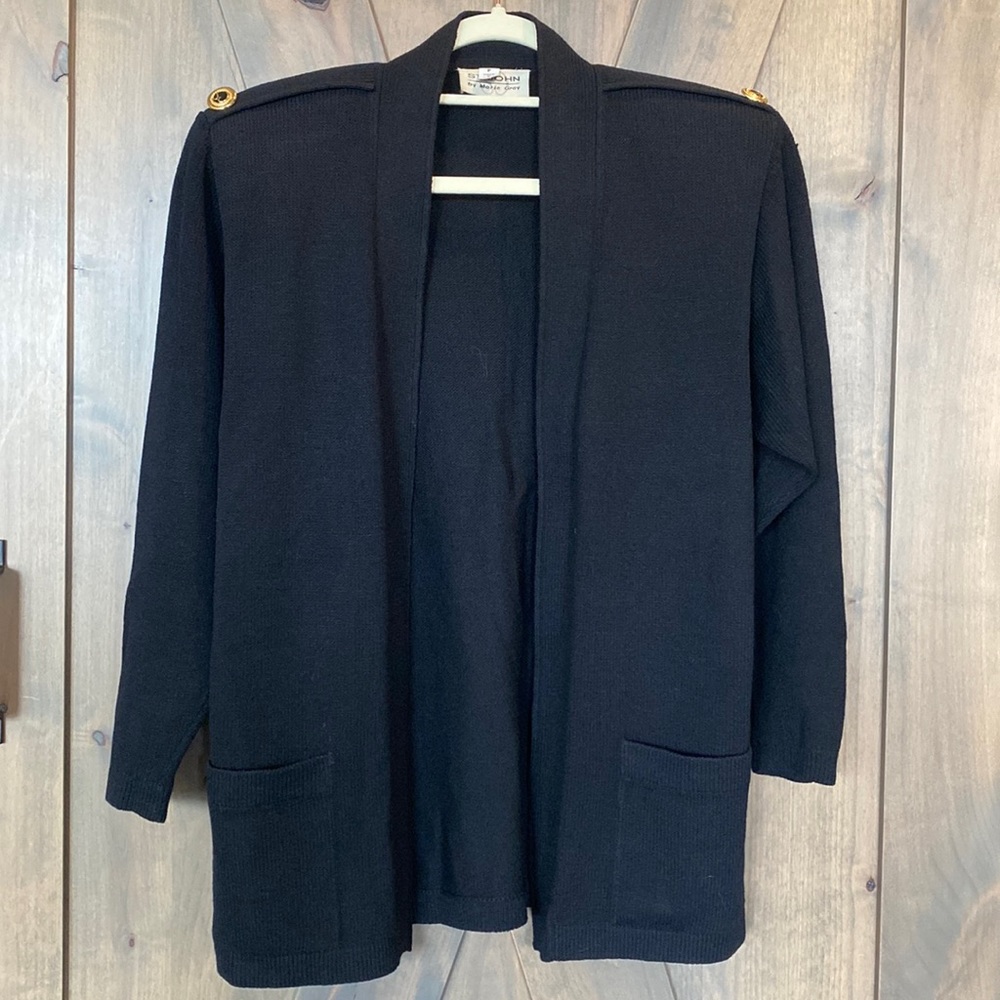 ST. JOHN Knit Marie Gray Collection Open Front Cardigan Black Logo Button Size 2